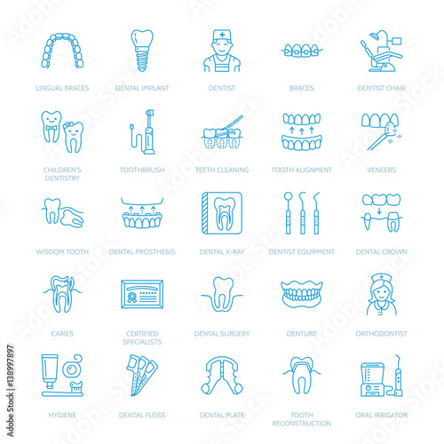 Dentist, orthodontics line icons. Dental care equipment, braces, tooth prosthesis, veneers, floss, caries treatment and other medical elements. Health care thin linear signs for dentistry clinic.