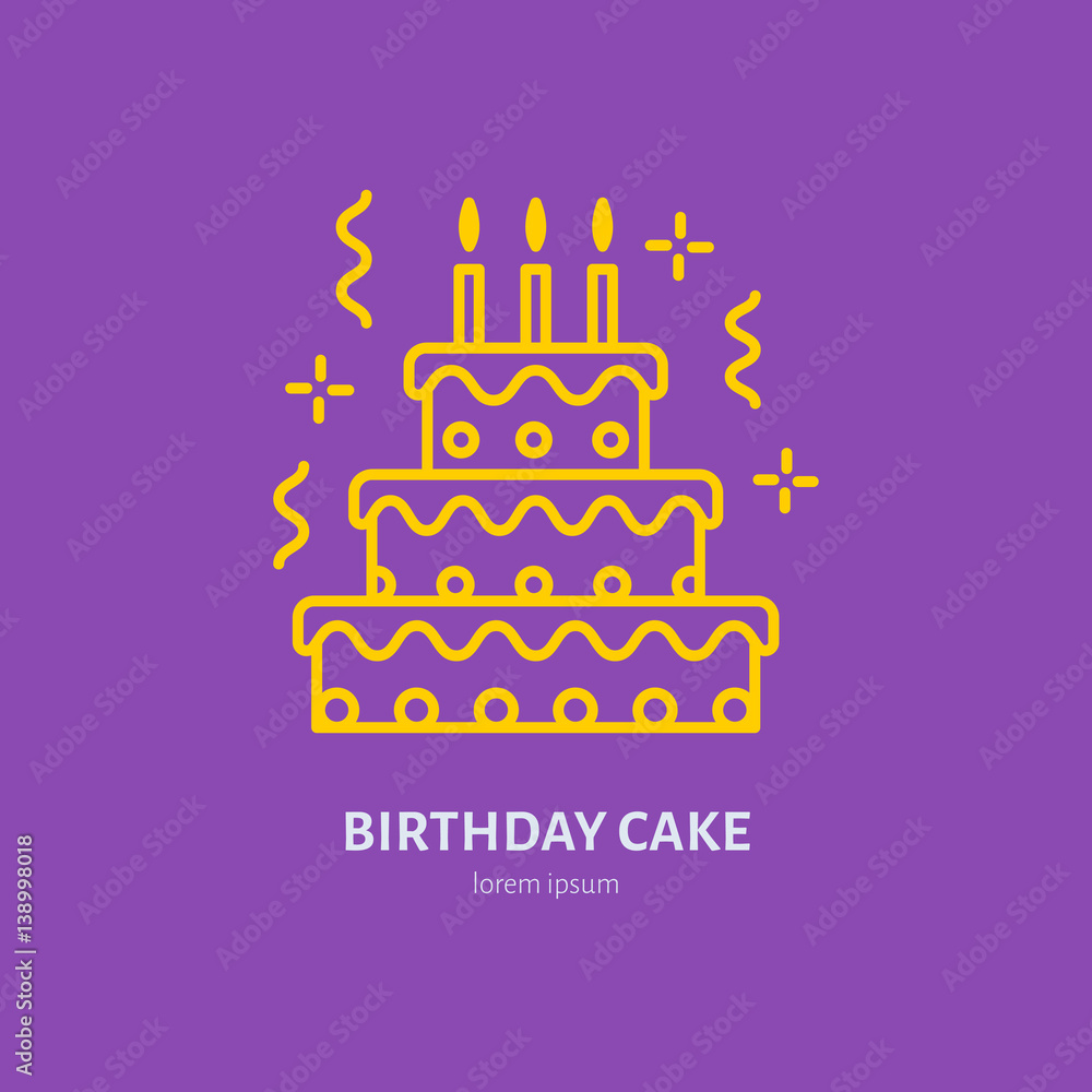 Birthday cake line icon. Vector logo for bakery, party service. Tasty torte thin linear symbol for event agency. Linear illustration of dessert. Birthday cake line icon. Vector logo for bakery, party service. Tasty torte thin linear symbol for event agency. Linear illustration of dessert.