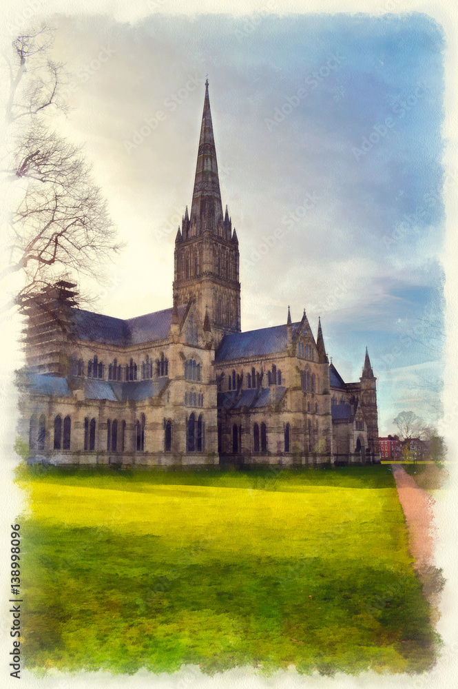 Salisbury cathedral at early morning. Digital imitation of watercolor painting