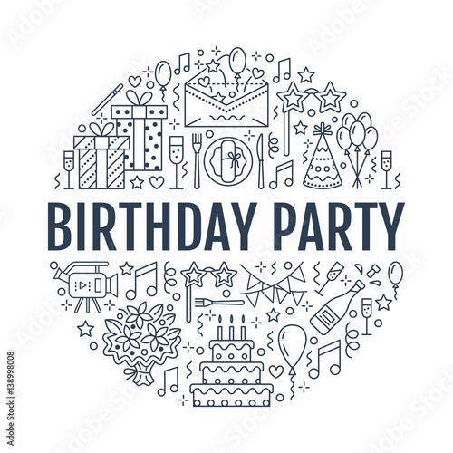 Event agency, birthday party banner with vector line icon of catering, birthday cake, balloon decoration, flower delivery, invitation card, entertainment. Thin linear sign party organization service.