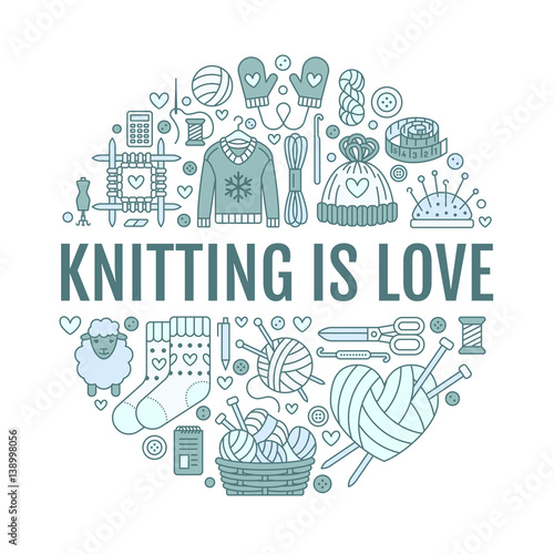 Knitting, crochet, hand made banner illustration. Vector line icon knitting needle, hook, scarf, socks, pattern, wool skeins and other DIY equipment. Yarn or tailor store template with place for text.