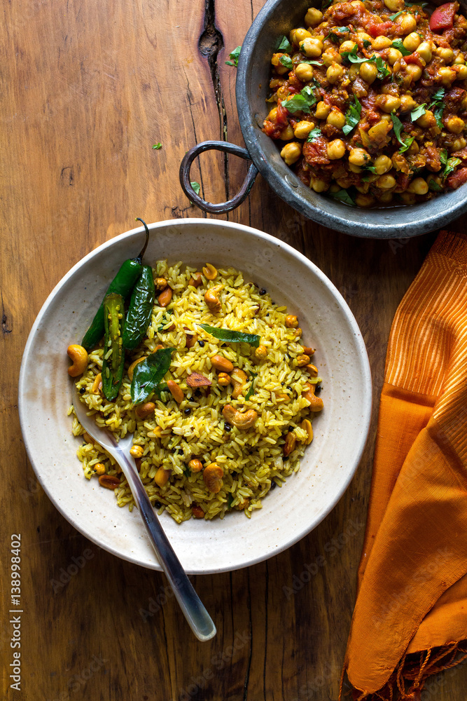 Chickpea curry and rice, overhead view Chickpea curry and rice, overhead view