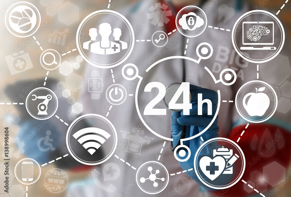 24 hours medicine concept. 24/7 health care mode. Medical call center service around the clock. Providing innovative healthcare services without interruption day and night. Help, support technology