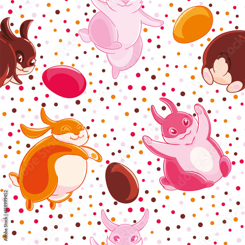 Easter seamless pattern with cartoon funny pink, yellow and chocolate rabbits and eggs on cofetti background.
