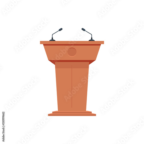 Wooden podium tribune stand rostrum with microphones. Flat icon.