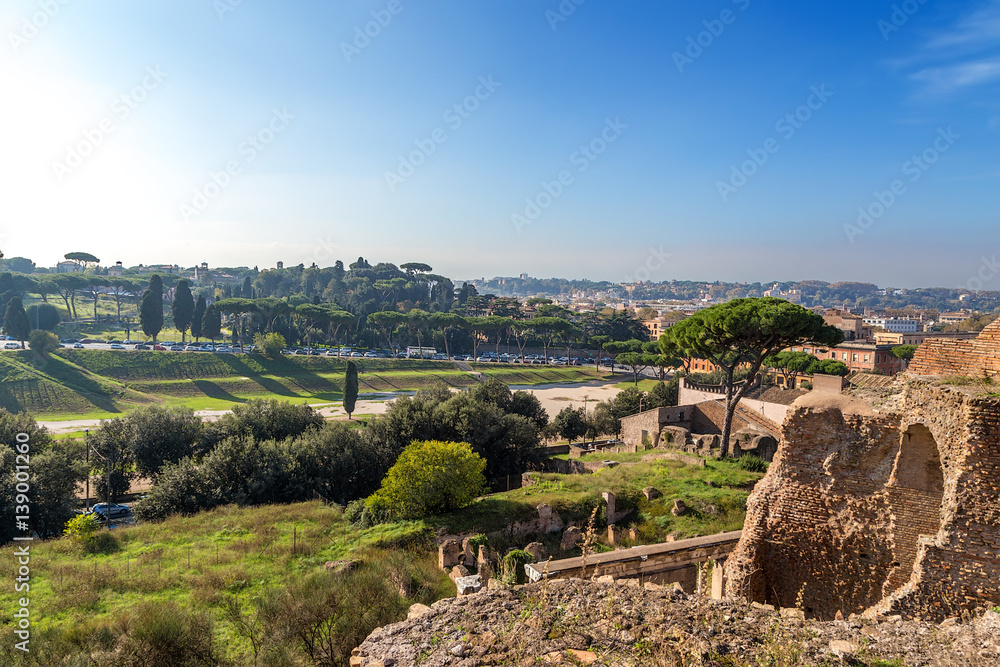 Rome, Italy. Ancient ruins of the imperial palace of Domitian, adjacent to the Circus (hippodrome) Massimo