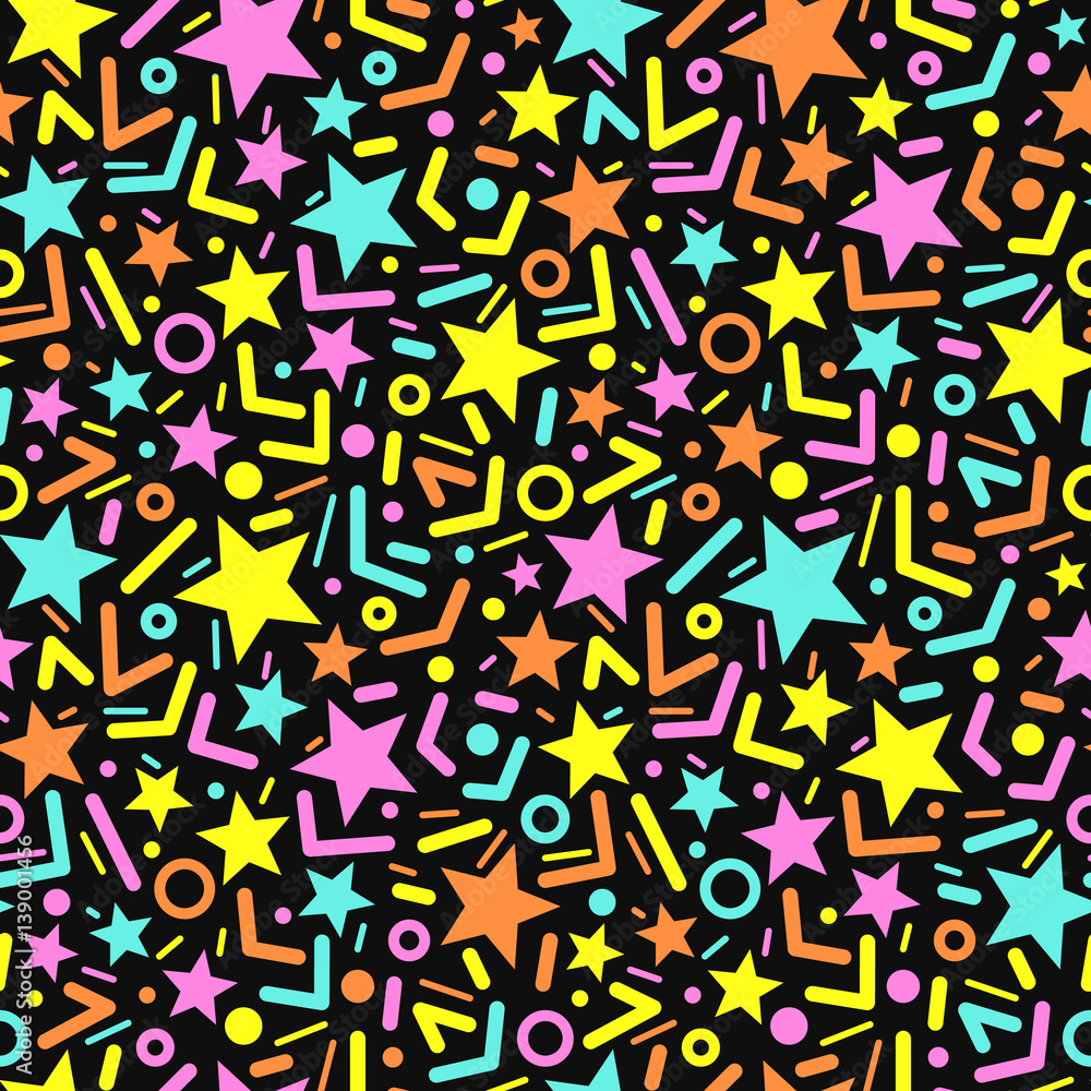 Seamless vector pattern with colored stars and sticks on black background.