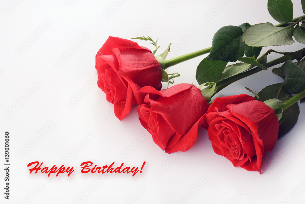 Red roses closeup. Beautiful bouquet. Happy Birthday card Stock Photo