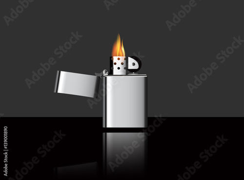 eps 10 vector illustration of lighter with burning flame on black background with mirror reflection