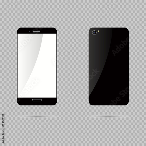 eps 10 vector electronic gadget isolated on transparent background. Front and back side of phone. Lcd touch screen device. Graphic design mock up. Editable template for web and print