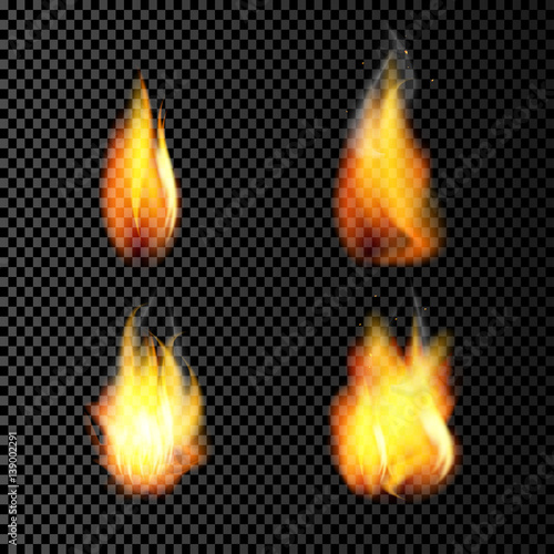 eps10 vector realistic fire flames collection isolated on transparent background. Burning spruts of flame effect with sparkles. Graphic design clip art for web and print. Editable layered illustration
