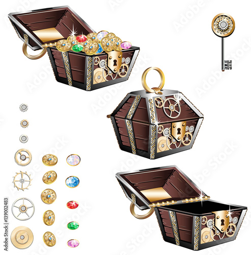 Vintage wooden chest with gold coins and gems
