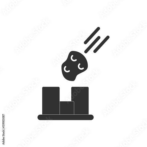 black and white Vector illustration in flat design of space meteorite falling on buildings