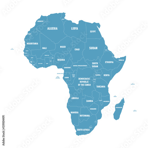 Simple flat blue map of Africa continent with national borders and country name labels on white background. Vector illustration.