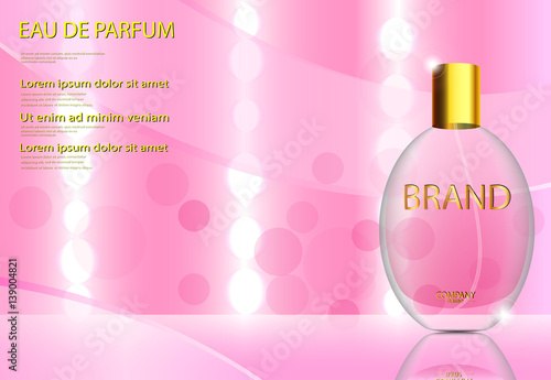 eps 10 vector advertising poster of luxury eau de parfum isolated on bokeh background. Premium cosmetics and perfumery advertisement banner for web, print. Realistic glass bottle with vaporizer spray