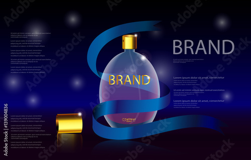 eps10 vector advertising poster of luxury eau de parfum with blue gift ribbon isolated on bokeh background. Premium perfumery advertisement banner for web, print. Realistic glass bottle with vaporizer