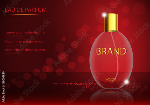 eps 10 vector advertising poster of luxury eau de parfum isolated on bokeh background. Premium cosmetics and perfumery advertisement banner for web, print. Realistic glass bottle with vaporizer spray