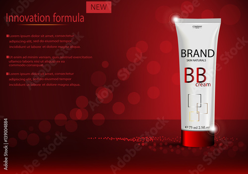 Advertising presentation poster of luxury revolutionary formula BB face cream with bokeh effect backdrop. Realistic brand cosmetic tube package, eps10 vector cosmetic advertising banner for web, print