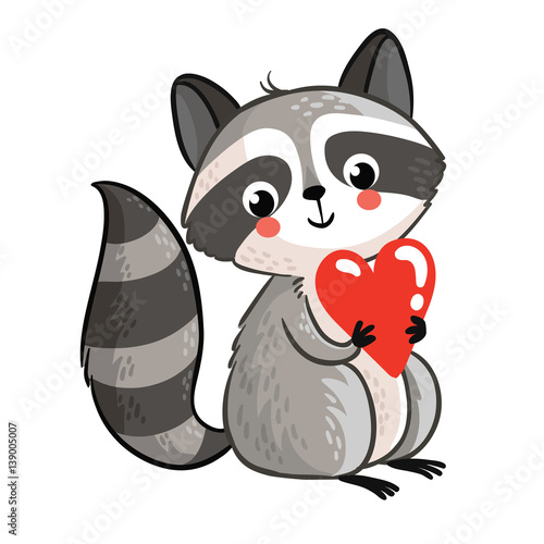 Isolated raccoon holding in the hands of the heart. Perfect for greeting cards for Valentines Day. cute raccoon on a white background.