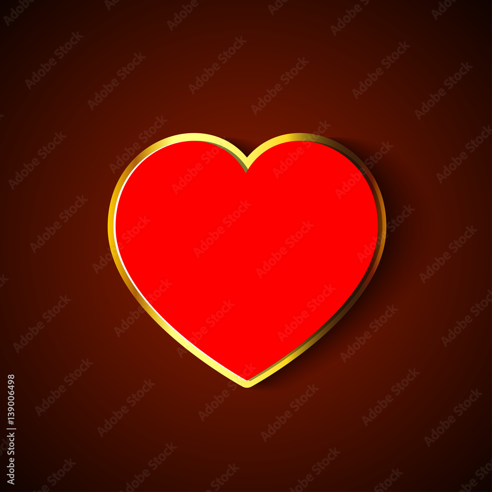 Saint Valentines Day greeting card design template. eps 10 vector 3d red heart in golden frame isolated on blurred red and black background. Feast of Saint Valentine famous symbol for web and print