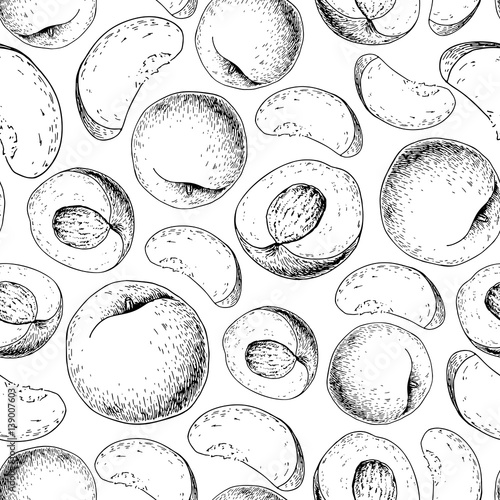 Peach vector seamless pattern. Hand drawn full and sliced pieces