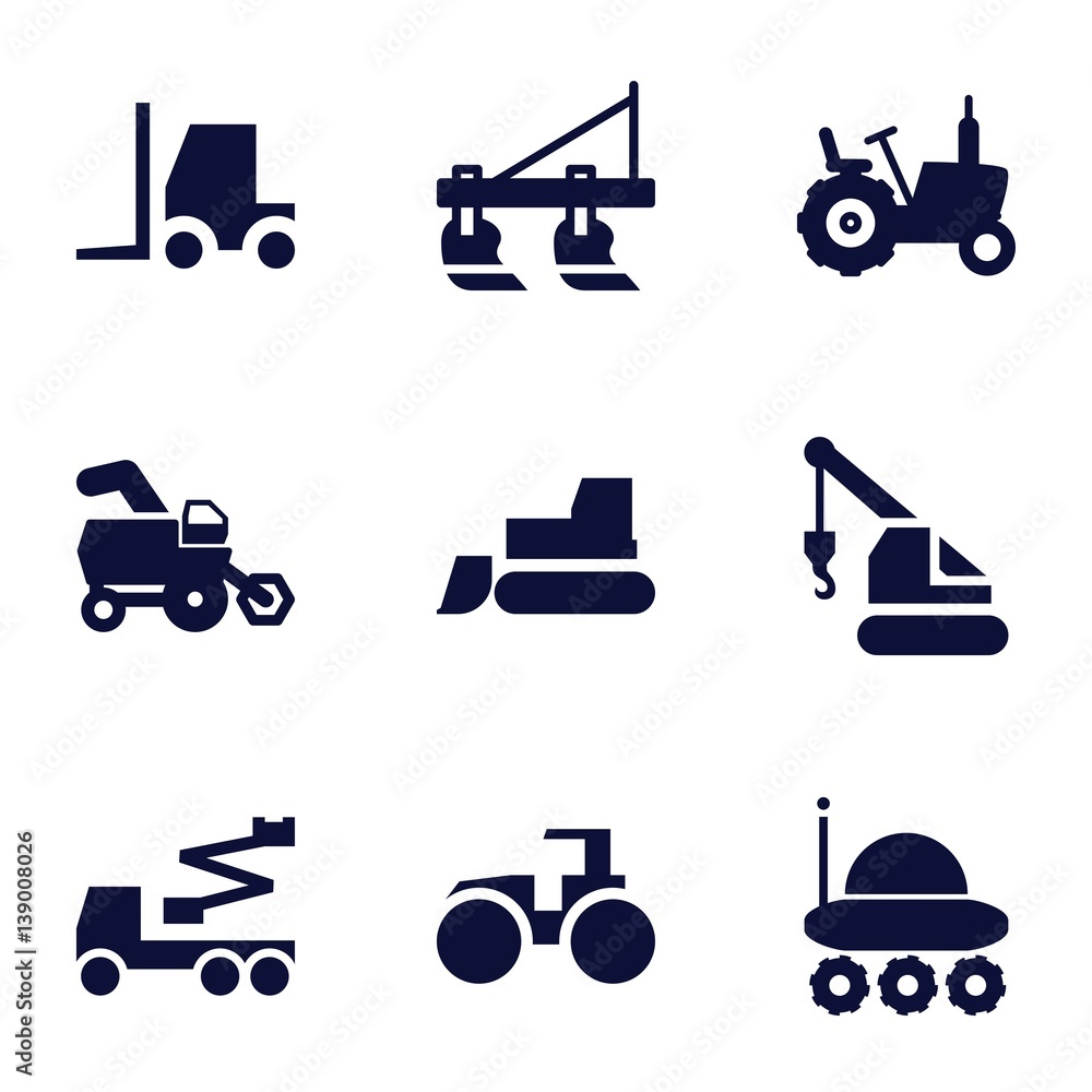 Set of 9 tractor filled icons Set of 9 tractor filled icons