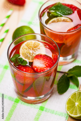 Strawberry Lemon Lime Lemonade Summer Drink. Selective focus.