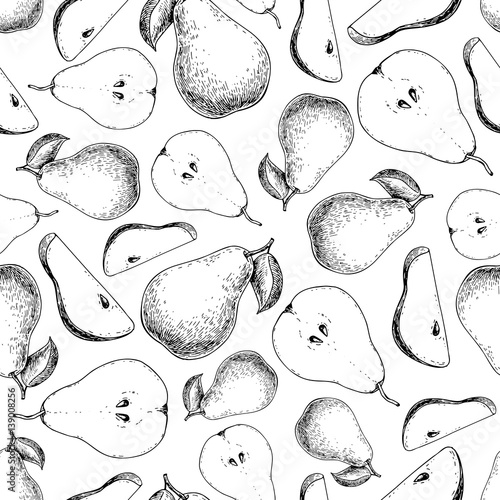 Pear vector seamless pattern. Hand drawn full and sliced pieces 