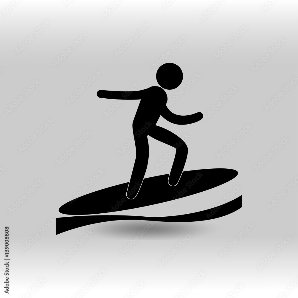 eps 10 vector Surfing sport icon. Summer sport activity pictogram for web, print, mobile. Black athlete sign isolated on gray. Hand drawn competition symbol. Graphic design clip art illustration
