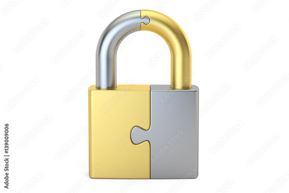 Security and Safety concept. Padlock from puzzle, 3D rendering Security and Safety concept. Padlock from puzzle, 3D rendering