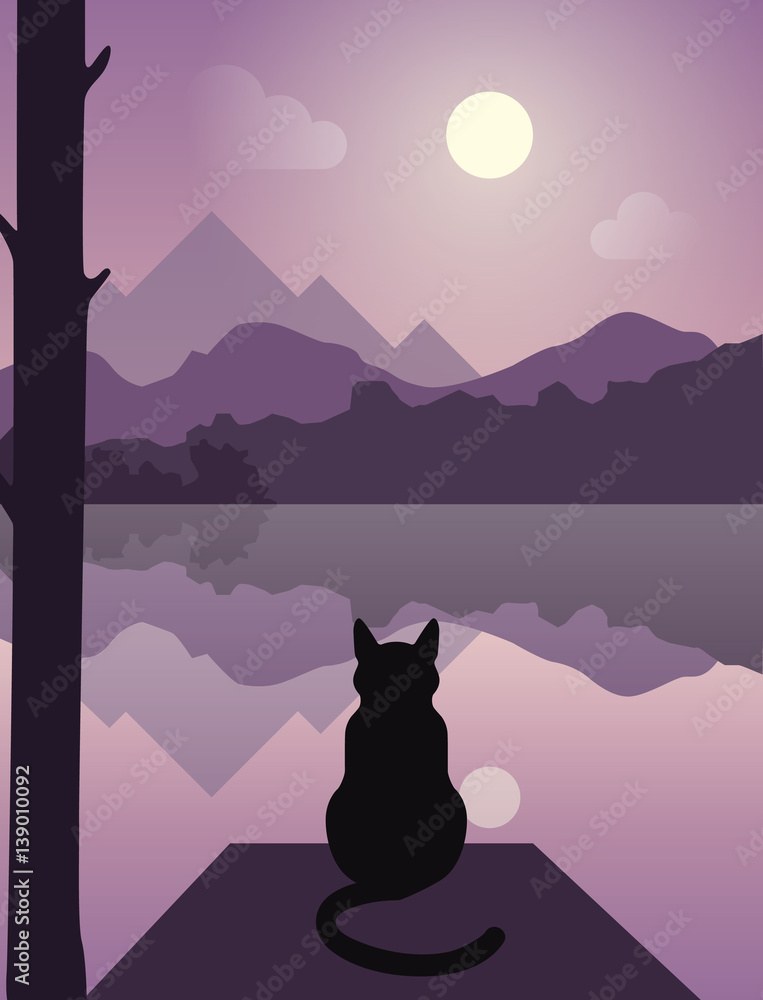 Beautiful nature. Cat sitting near water. Twilight. Reflection. Mountains and trees. Stock