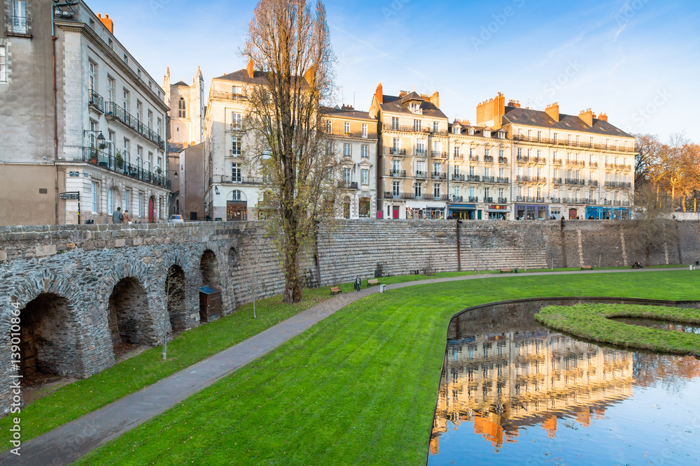 Moat and walls in the old town of Nantes, France
