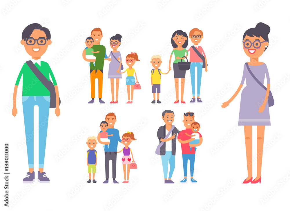 Family people adult happiness smiling group togetherness parenting concept and casual parent, cheerful, lifestyle happy character vector illustration.