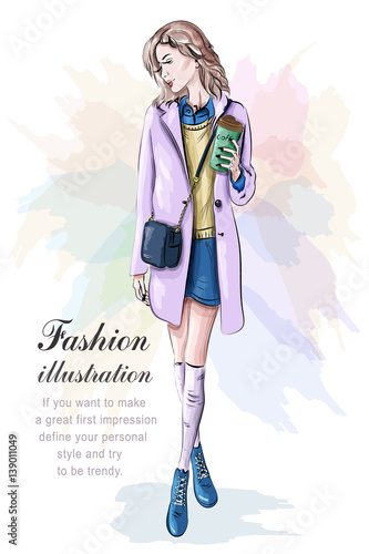 Stylish woman in fashion clothes with bag. Sketch. Vector illustration.