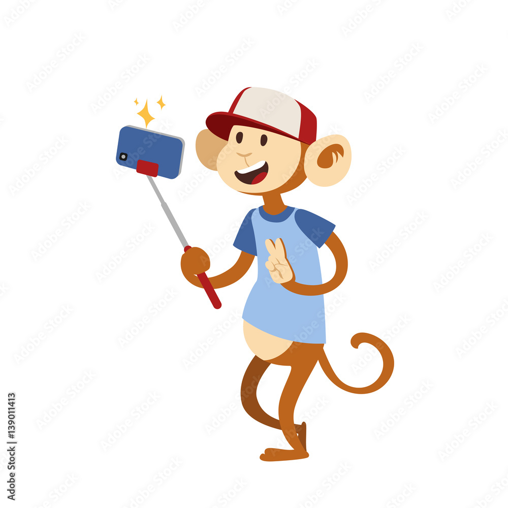 Funny picture monkey photographer person take selfie stick in his hand and cute animal taking a selfie together smartphone camera vector illustration. Stock Vector | Adobe Stock