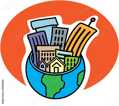 Colorful city buildings inside a globe