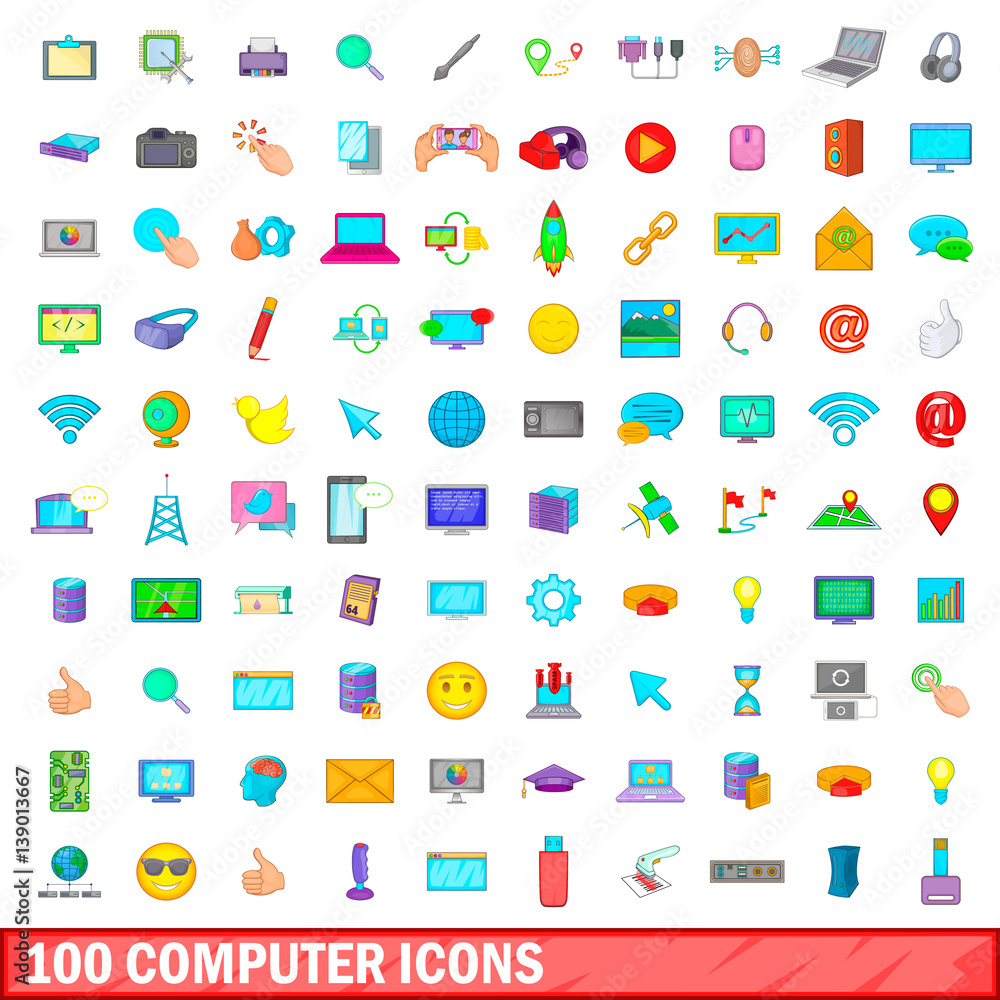 100 computer icons set, cartoon style 100 computer icons set, cartoon style