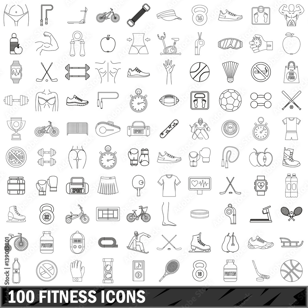 100 fitness icons set, outline style