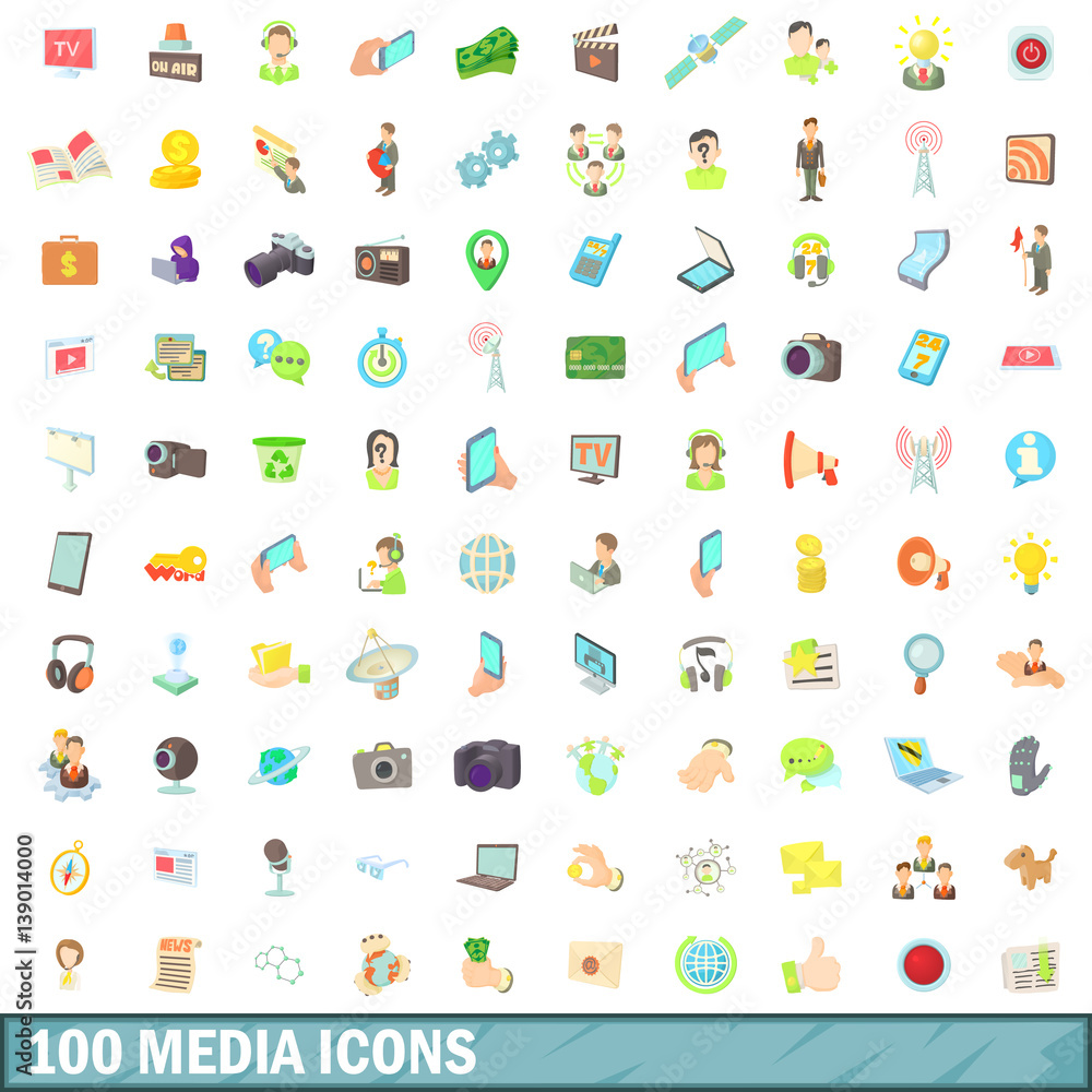 100 media icons set, cartoon style 100 media icons set, cartoon style