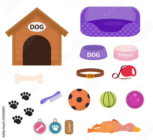 Dogs stuff icon set with accessories for pets, flat style, isolated on white background. Puppy toy. Doghouse, collar, food. Pet shop concept. Vector illustration, clip art