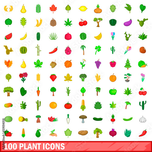 100 plant icons set, cartoon style