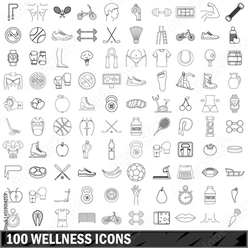 100 wellness icons set, outline style