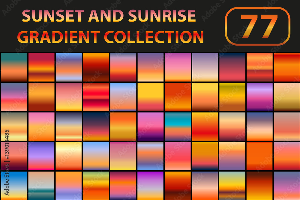 Sunset and sunrise gradient set. Big collection abstract backgrounds with sky. Vector illustration - obrazy, fototapety, plakaty 