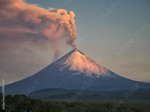 Volcano eruption. Russia,Kamchatka Peninsula. Village Klyuchi. 06.07.2016..The volcano of Klyuchevskaya sopka. (4800 m) is the highest active volcano of Eurasia.