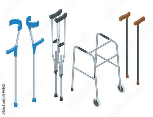 Isometric set of mobility aids including a wheelchair, walker, crutches, quad cane, and forearm crutches. Vector illustration. Health care concept.