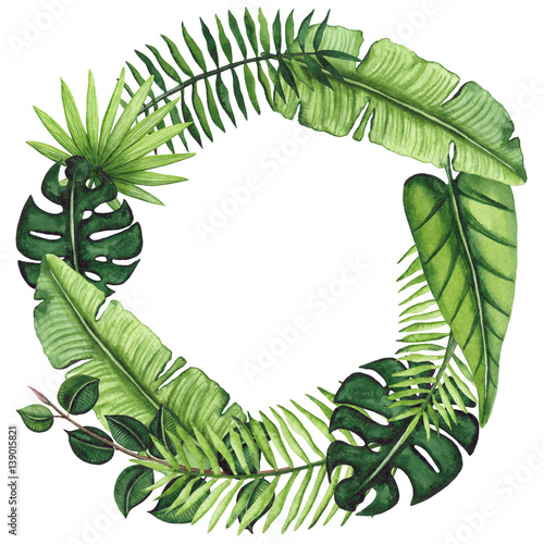 Exotic Wreath with Bright Watercolor Tropical Leaves