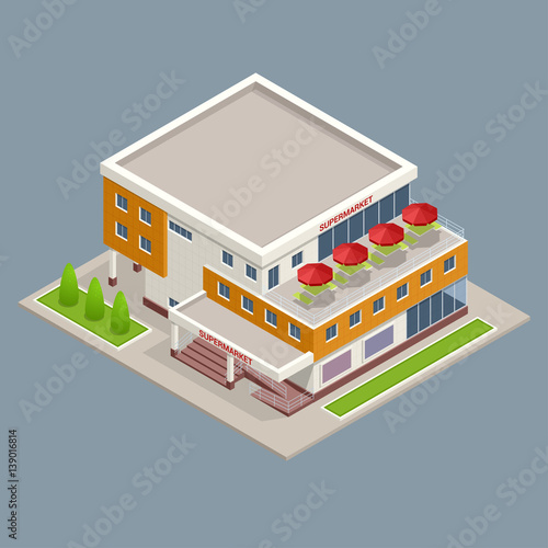 Isometric Large supermarket shopping 3d commercial center with shops and a cafe.