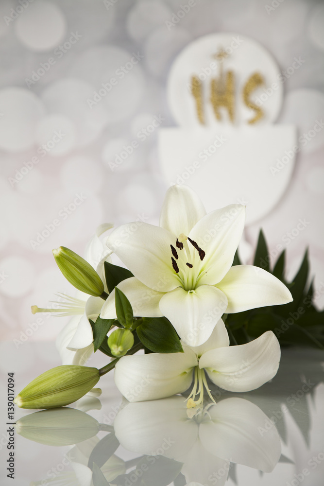 Holy communion a golden chalice with grapes and bread wafers Holy communion a golden chalice with grapes and bread wafers