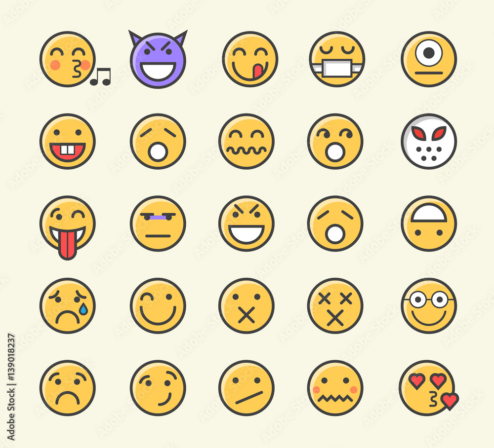 Set of 25 Minimalistic Solid Line Coloured Emoticons . Isolated Vector Elements Set of 25 Minimalistic Solid Line Coloured Emoticons . Isolated Vector Elements