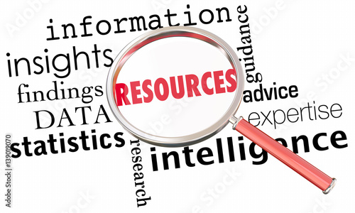 Resources Information Data Insights Facts Magnifying Glass Word Collage 3d Illustration